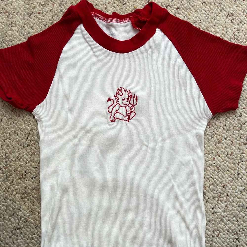 Red and white crop top with cute devil print